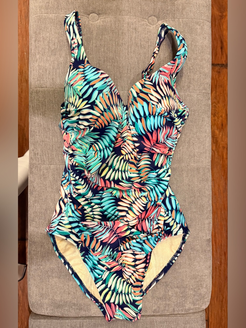 Miraclesuit Navy and Beige Swimsuit with Gold Accents